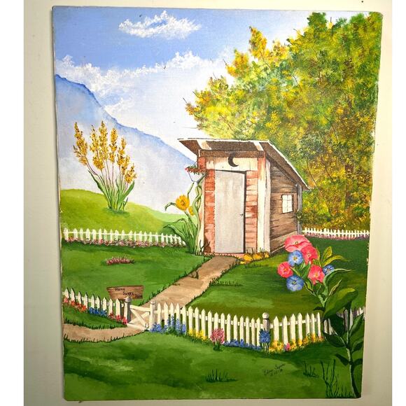 Vintage Painting Outhouse Garden Picket Fence 16x20 Signed Cottagecore Farmhouse - Picture 1 of 5
